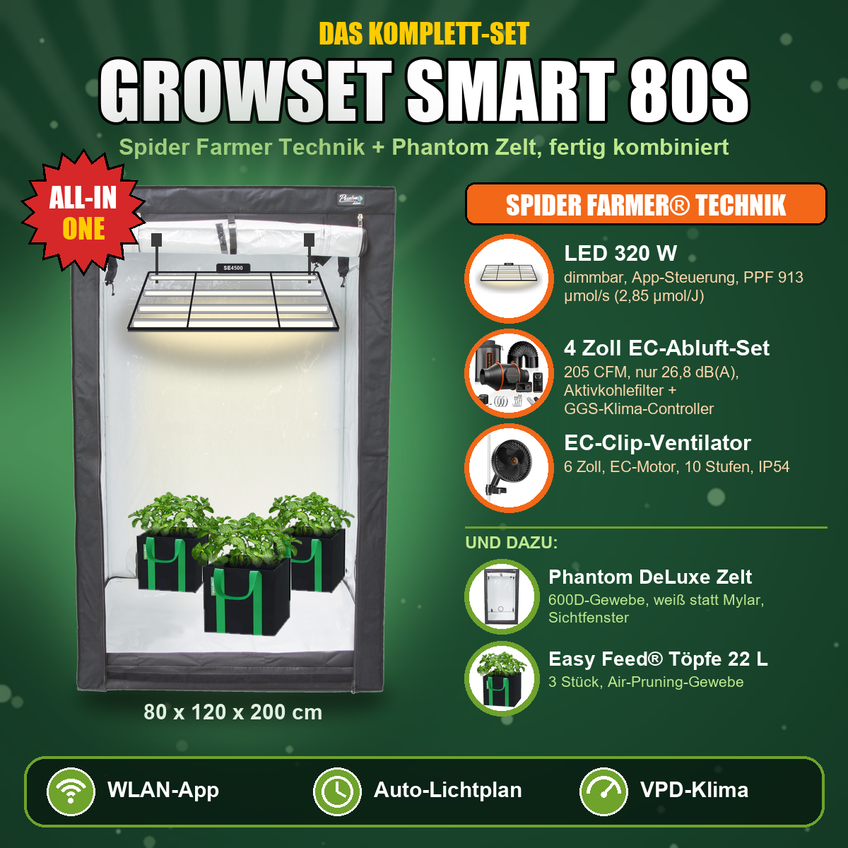 Growset Smart 80S: Komplettset mit Phantom Zelt 80x120x200 cm und Spider Farmer SE4500 LED